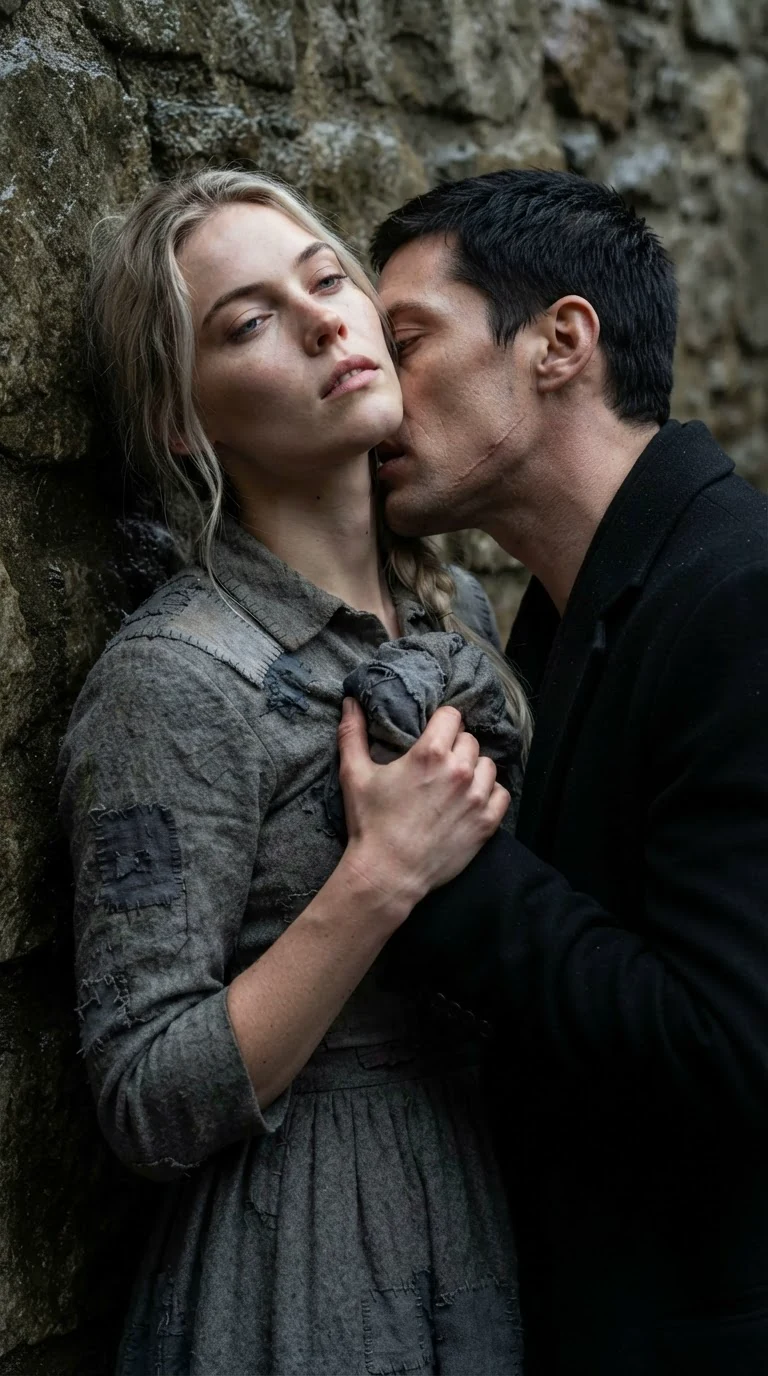 The heroine's head falls back against the stone wall, the man's mouth at her throat.