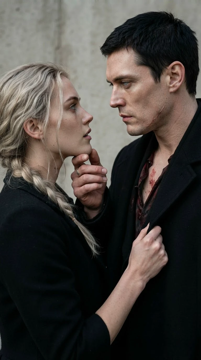 The man lifts the heroine's chin, her lips parted, her hands on the front of his coat.