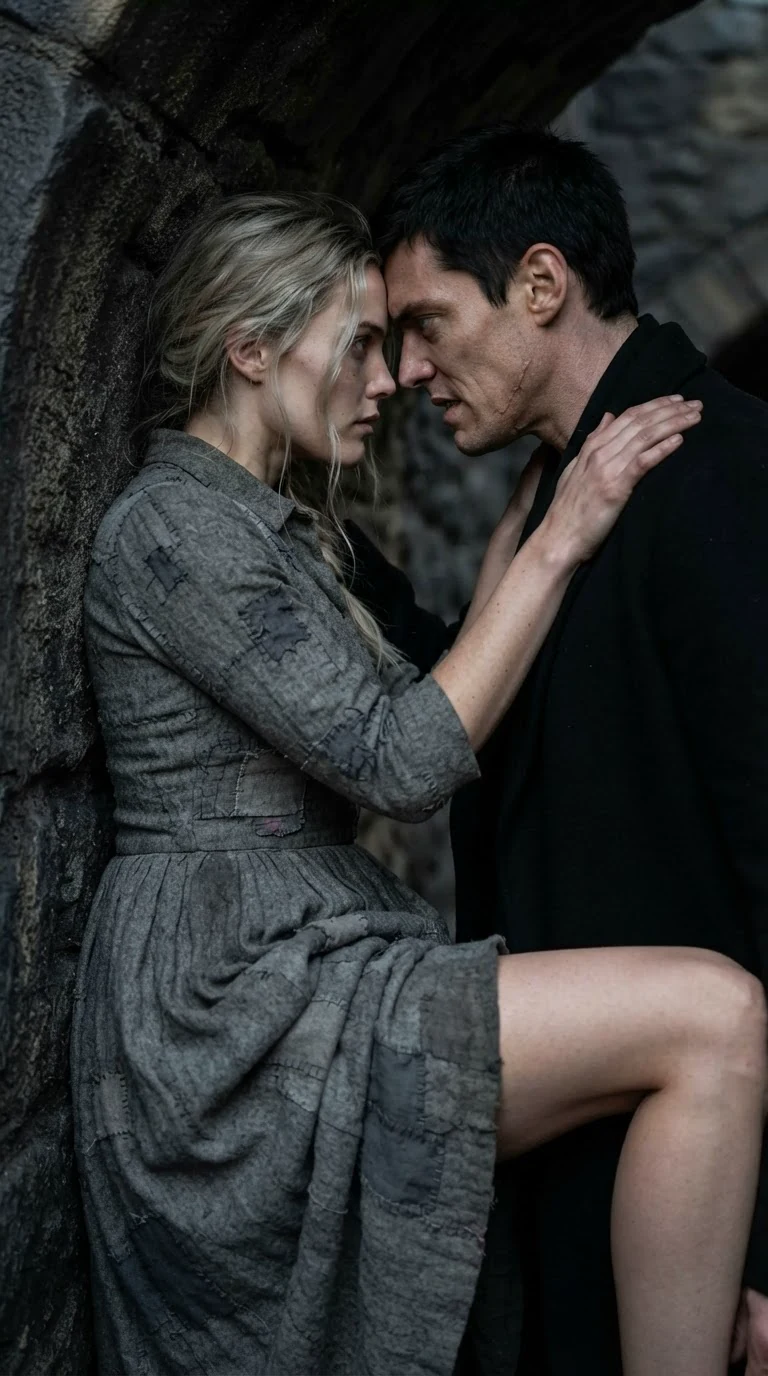 The heroine's back presses against the stone wall as the man steps into her, her legs starting to lift.