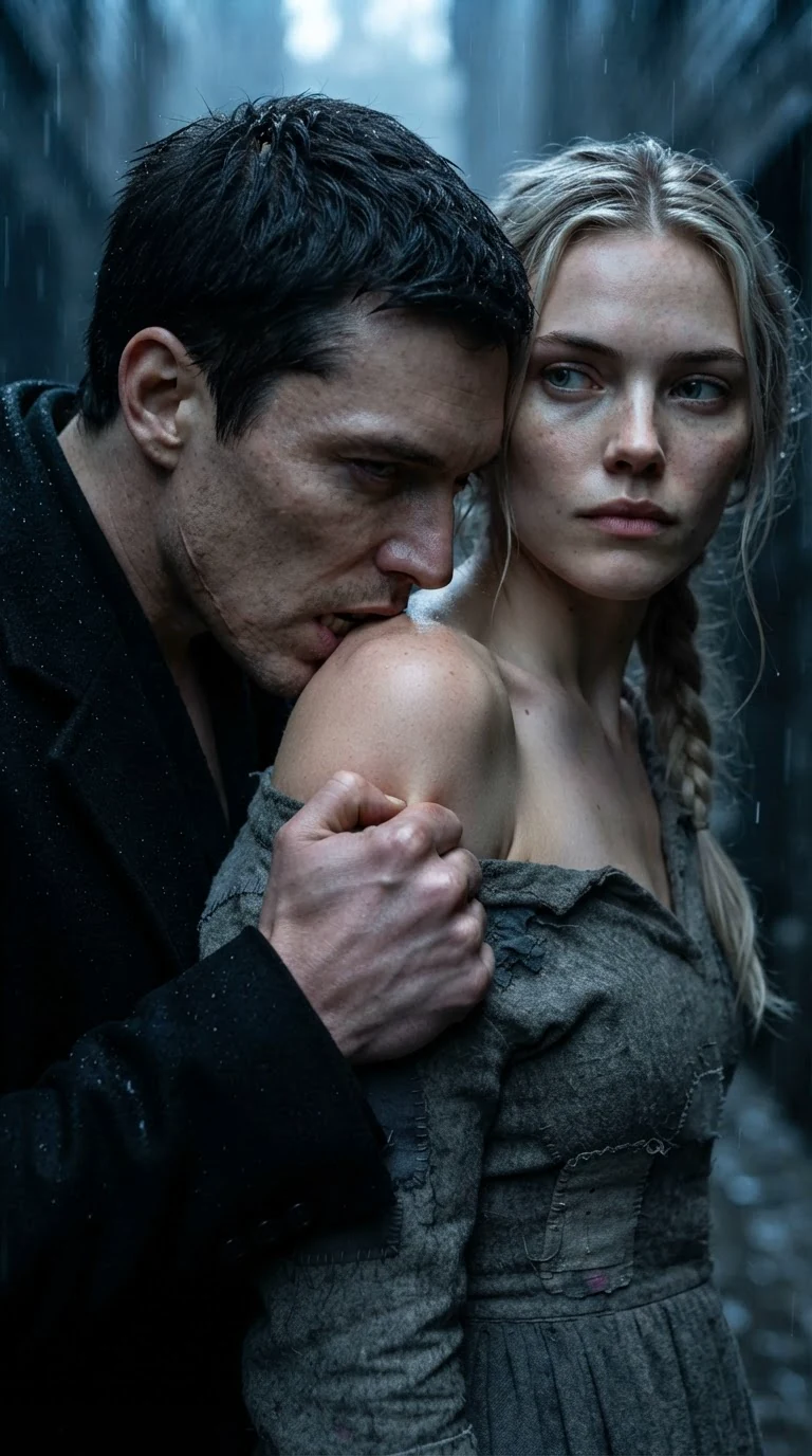 The man's mouth closes on the heroine's bare shoulder as her face turns away.