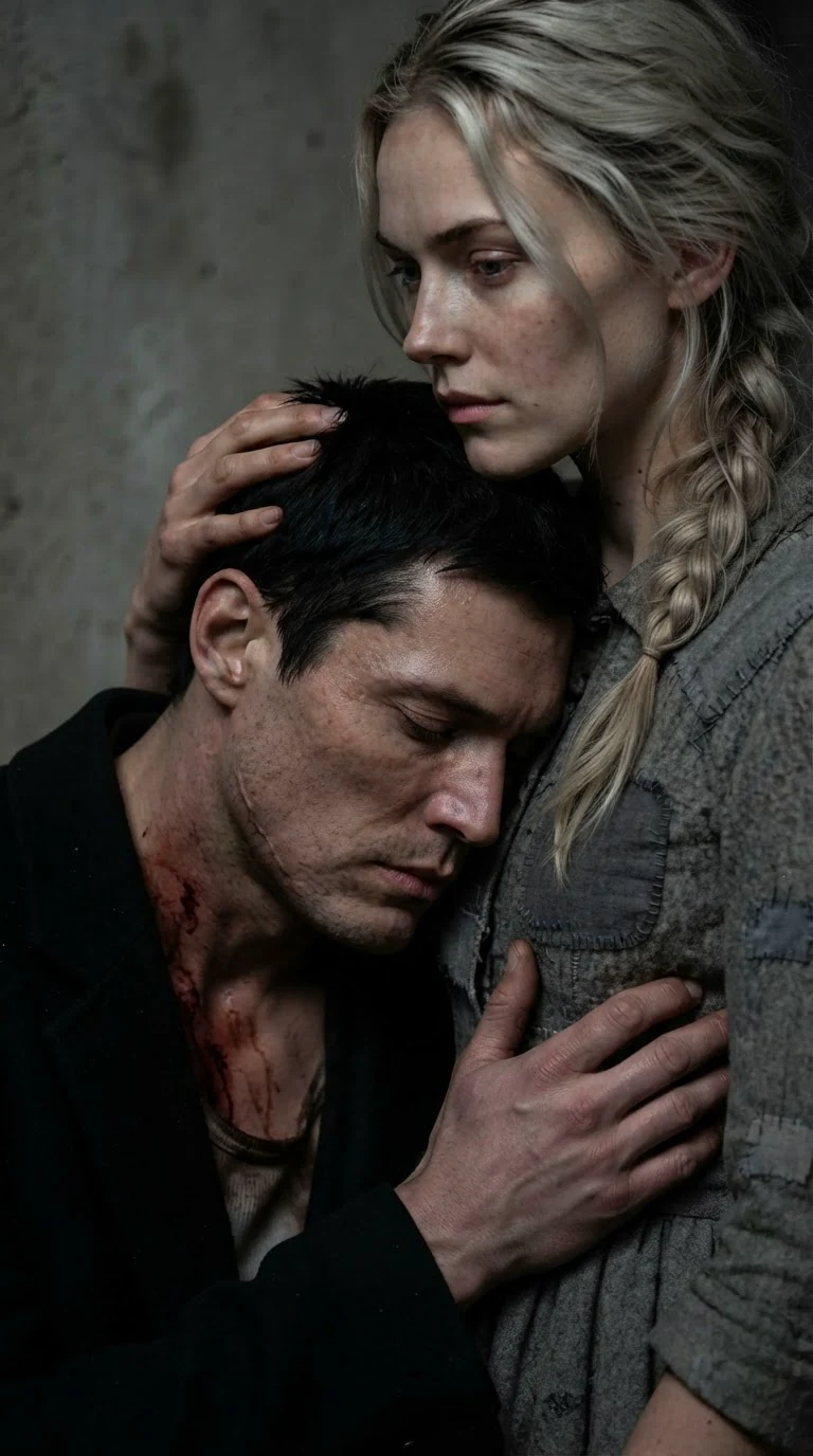 The man's face presses into the heroine's shoulder, his eyes shut, her hand in his black hair.