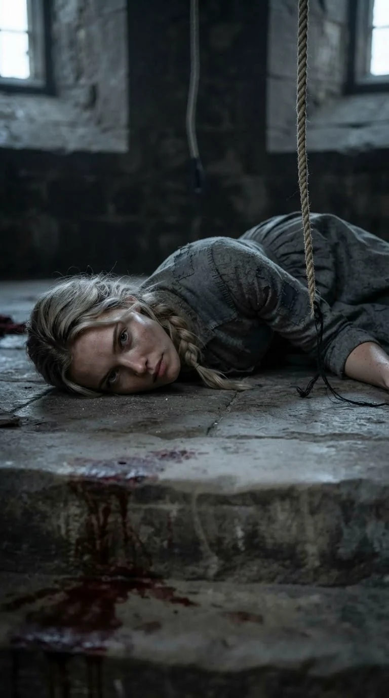 The heroine wakes alone on the stone floor of the tower, blood on the stairs and a black thread on the bell rope.