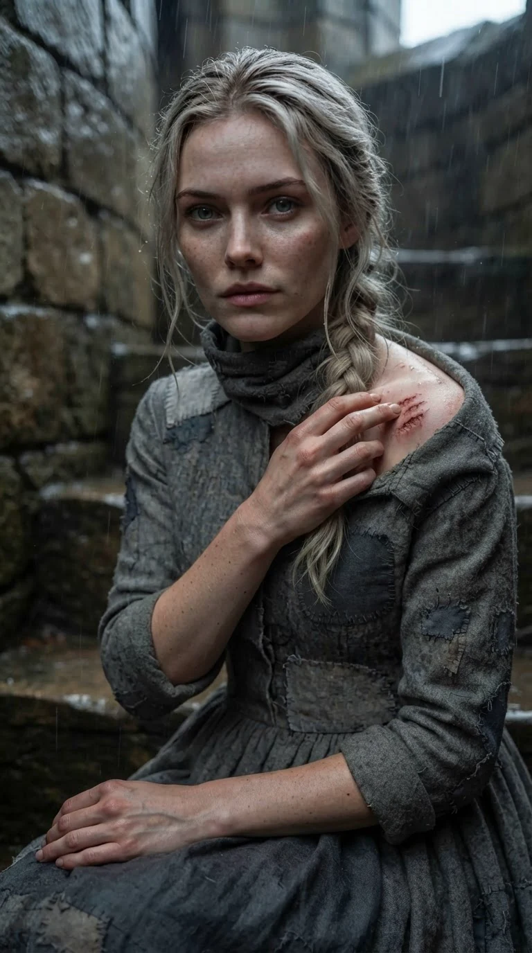 The heroine touches her shoulder, then pulls her braid over the mark and her collar up to her jaw.