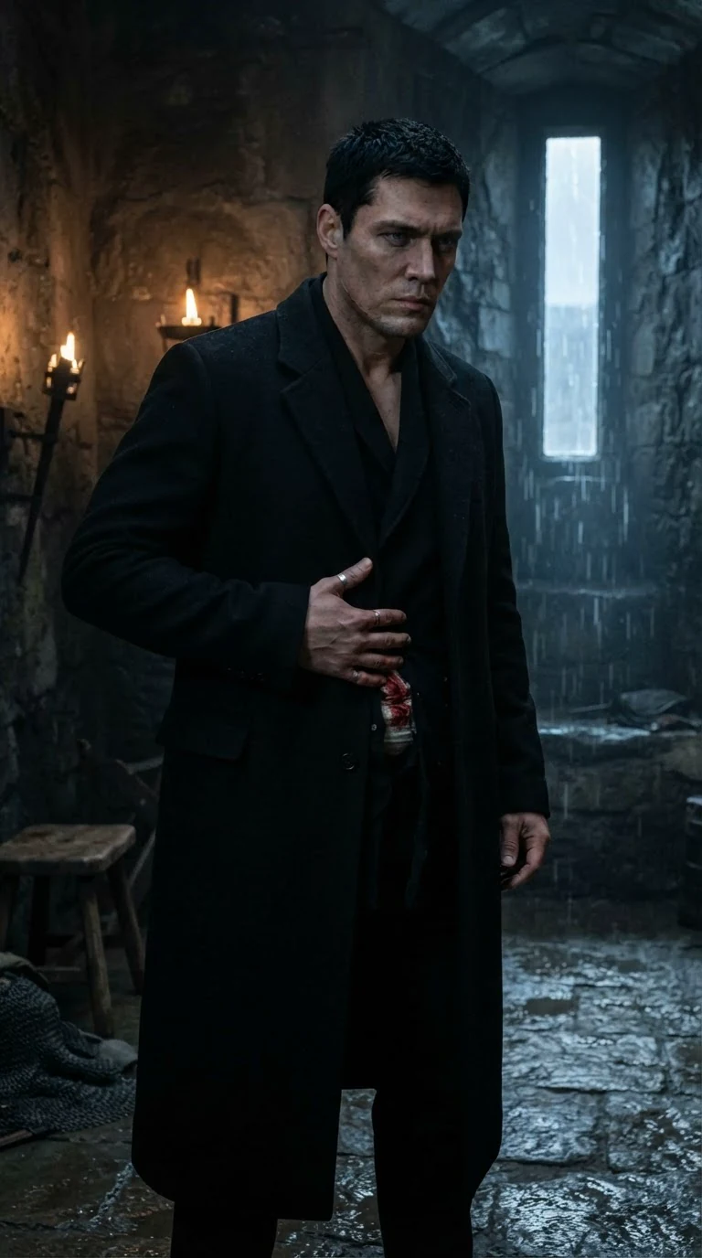 A scarred Alpha stands at a rain-streaked window with his hand pressed to his bandaged side.