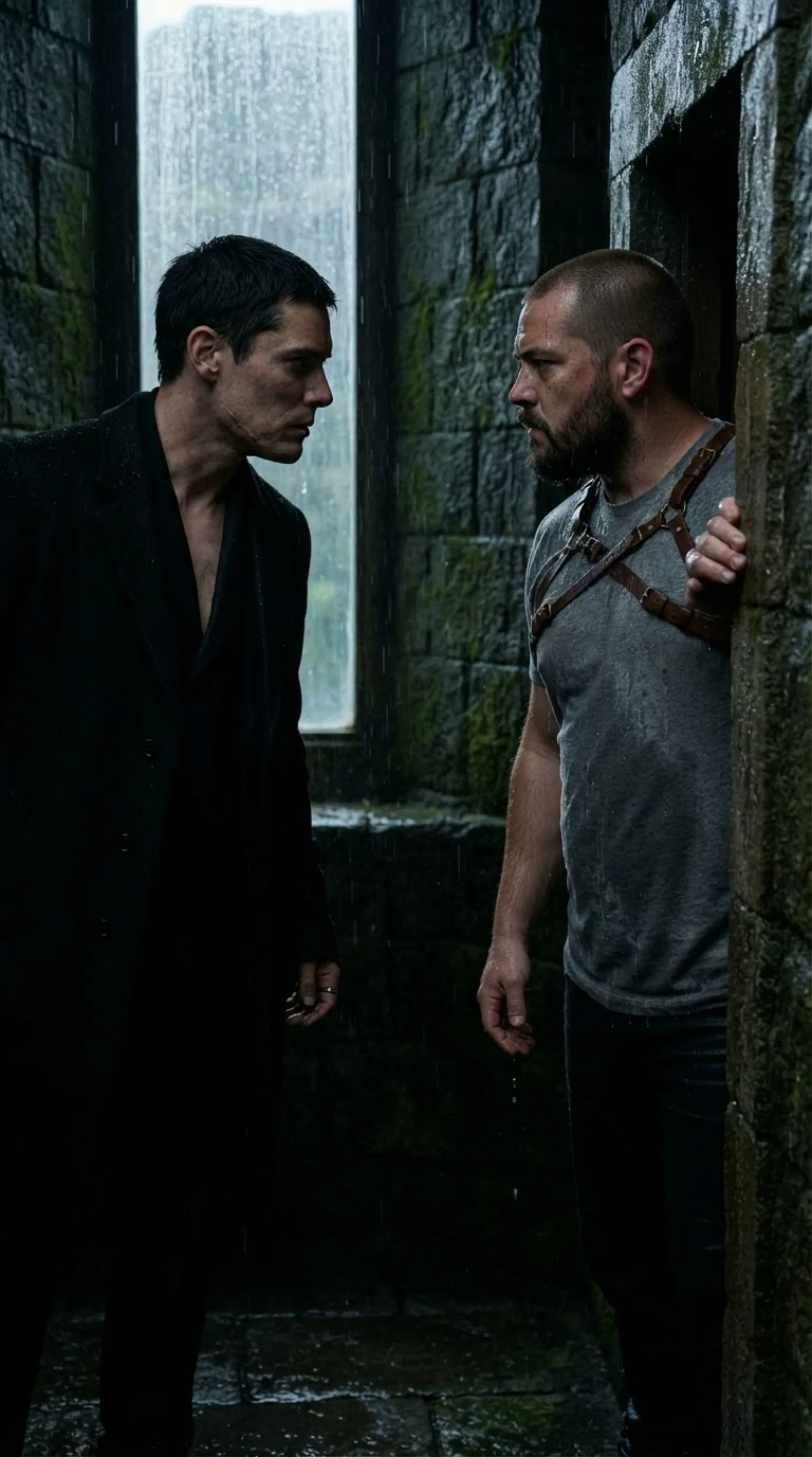 A bearded Beta in a wet leather harness reports to the Alpha inside the keep.