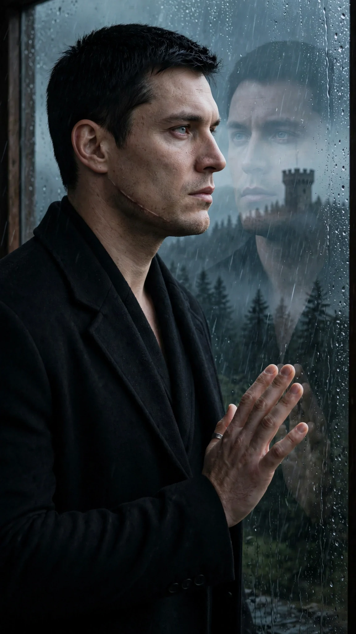 The Alpha stares out at the dark ridge, one hand flat on the cold glass.