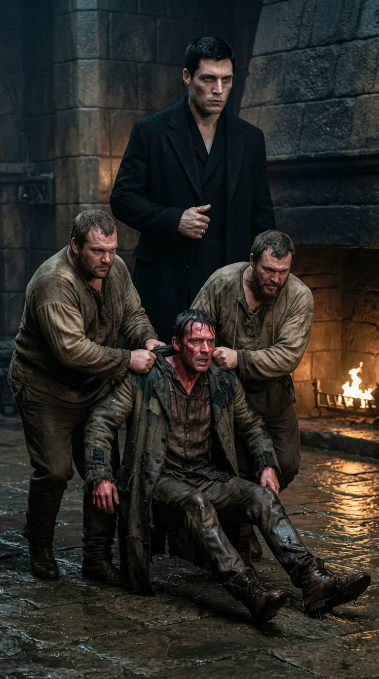 Two men drag a thin, soaked stranger across the stone floor of the keep.