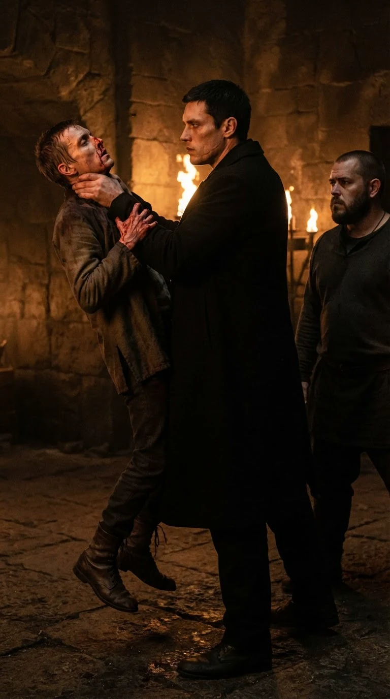 The Alpha lifts the lying shepherd by the throat until his boots leave the floor.
