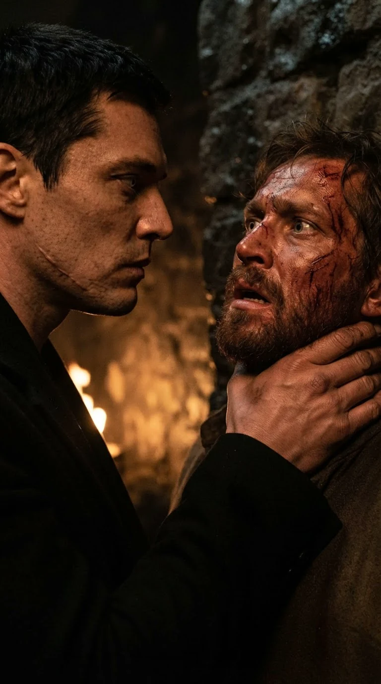 The Alpha's cold face close to the choking man's bleeding one.