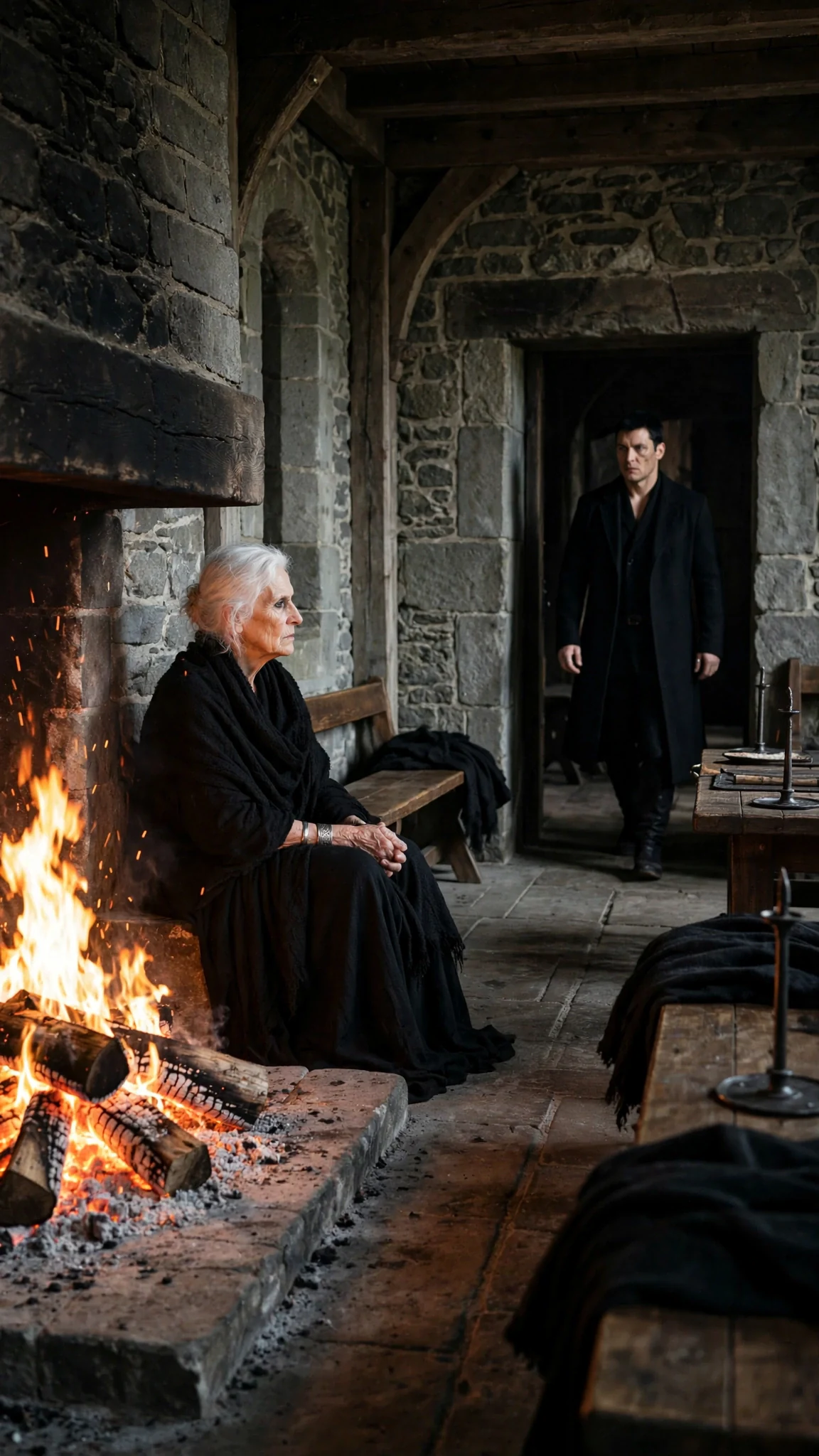 The Alpha walks into a fire hall where a gaunt white-haired elder waits.
