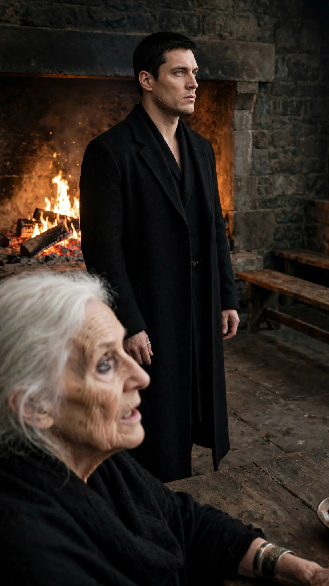 The Alpha listens to the elder with a hard, distant expression.