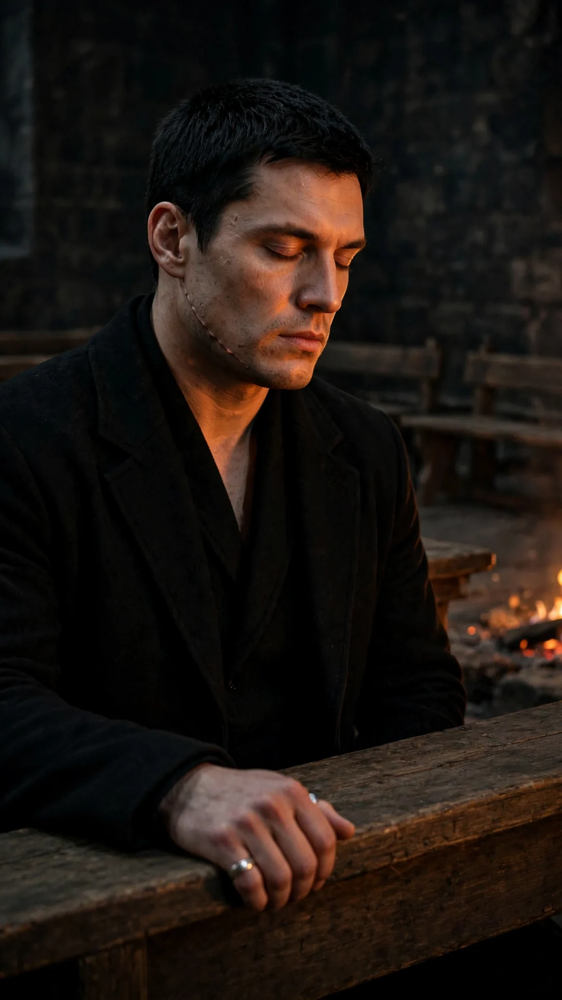 The Alpha closes his eyes alone at the long table in the empty fire hall.