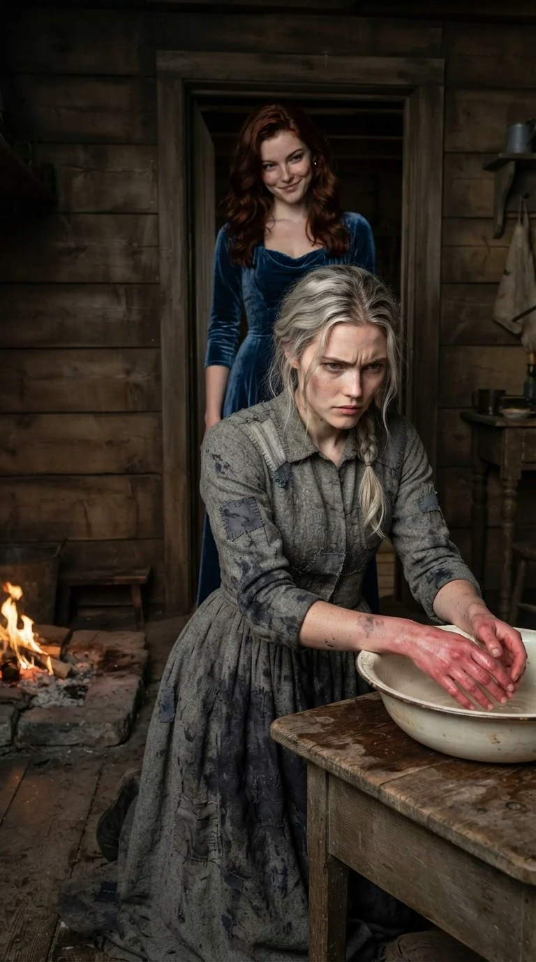 A young woman kneels at a wash basin scrubbing ink from her sleeve while her sister watches from the doorway.