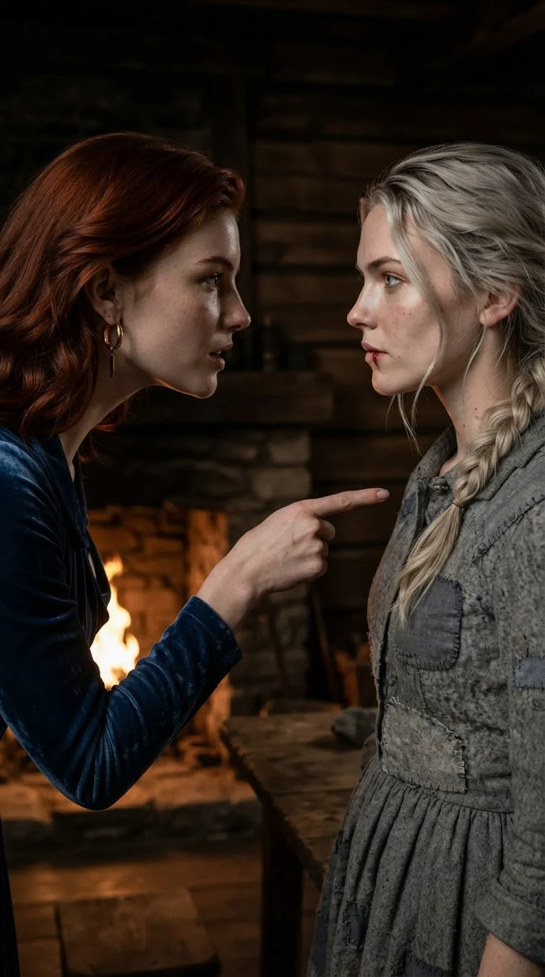 The auburn-haired woman leans into her sister's face, pointing a finger, her mouth ugly with contempt.