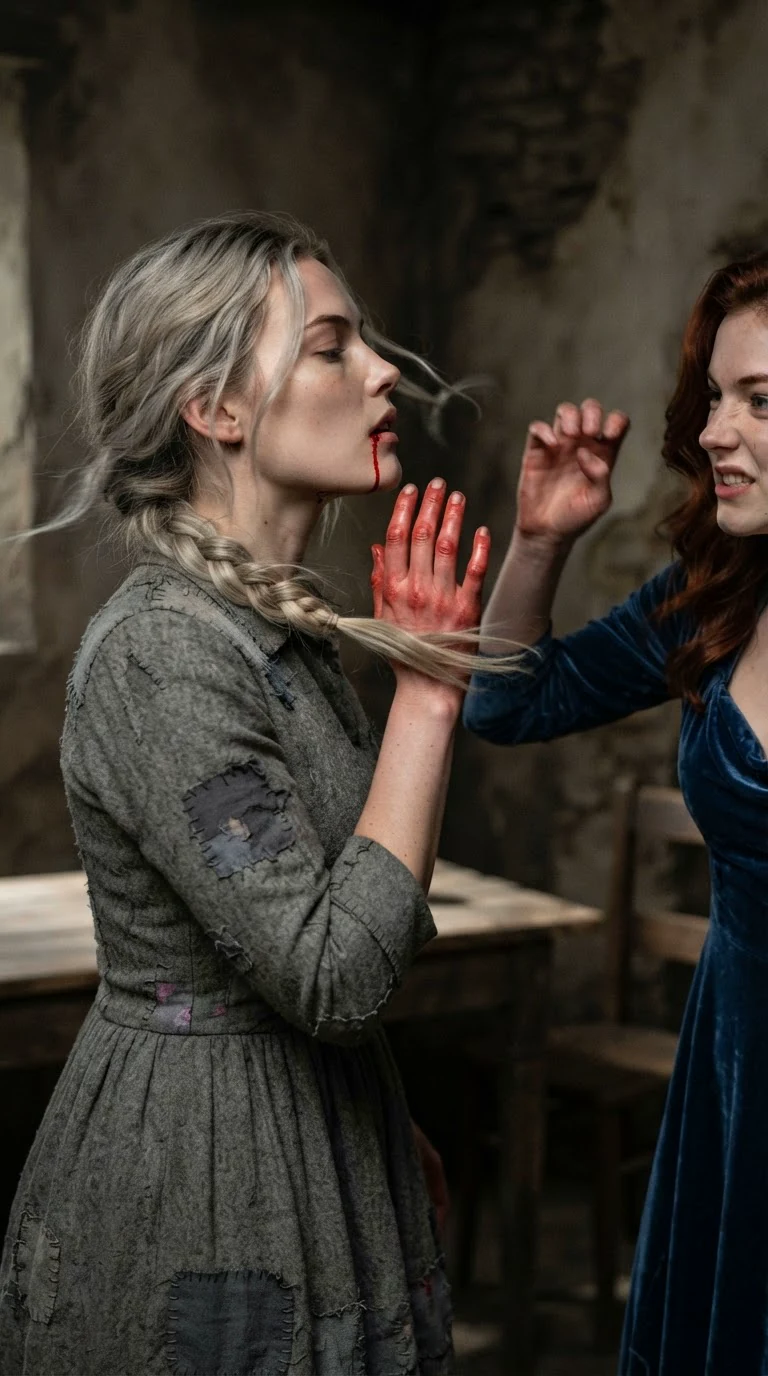 The young woman's head snaps sideways from a slap, blood running off her jaw onto her raised hand.