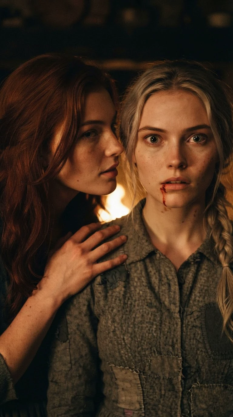 The auburn-haired woman whispers into her bleeding sister's ear while the sister stares ahead, frozen.