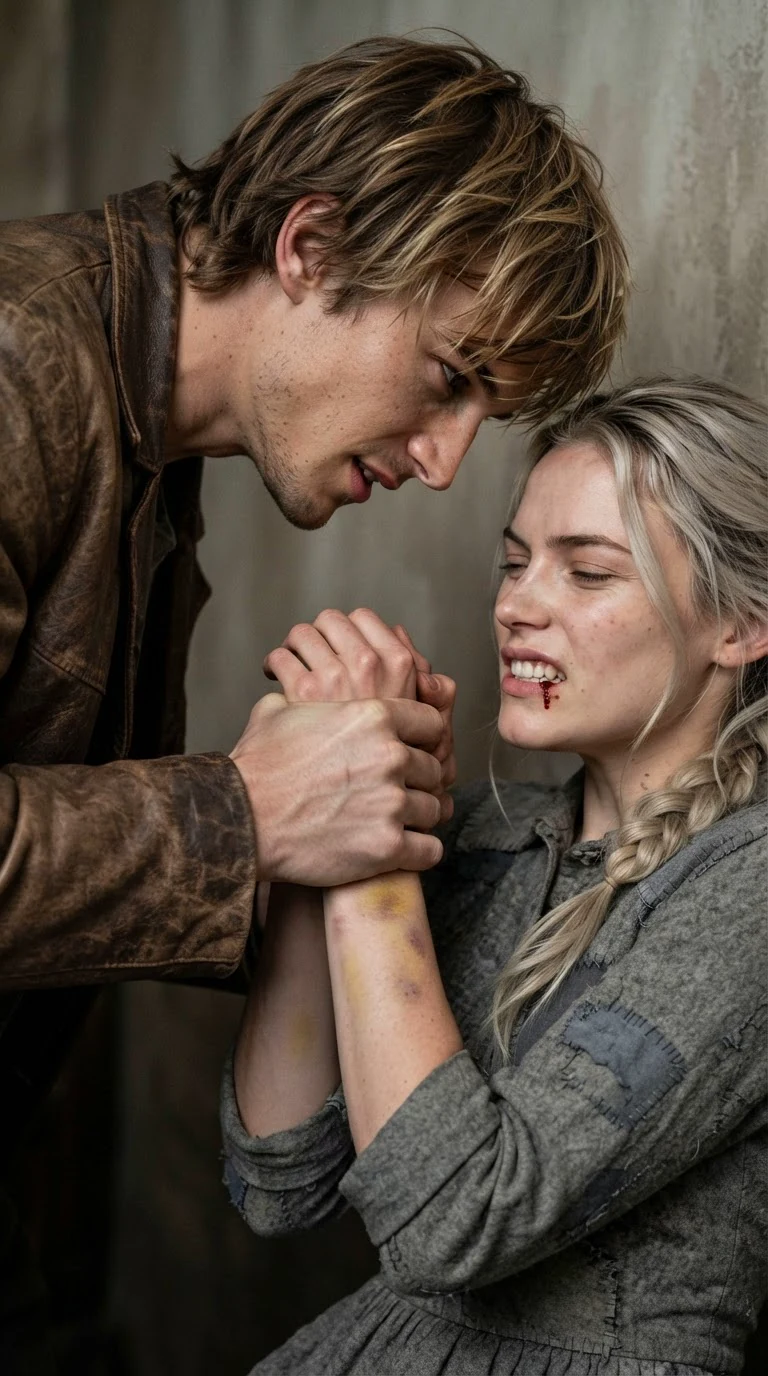 The sandy-haired man leans down over the young woman, his hand crushing her bruised wrist.
