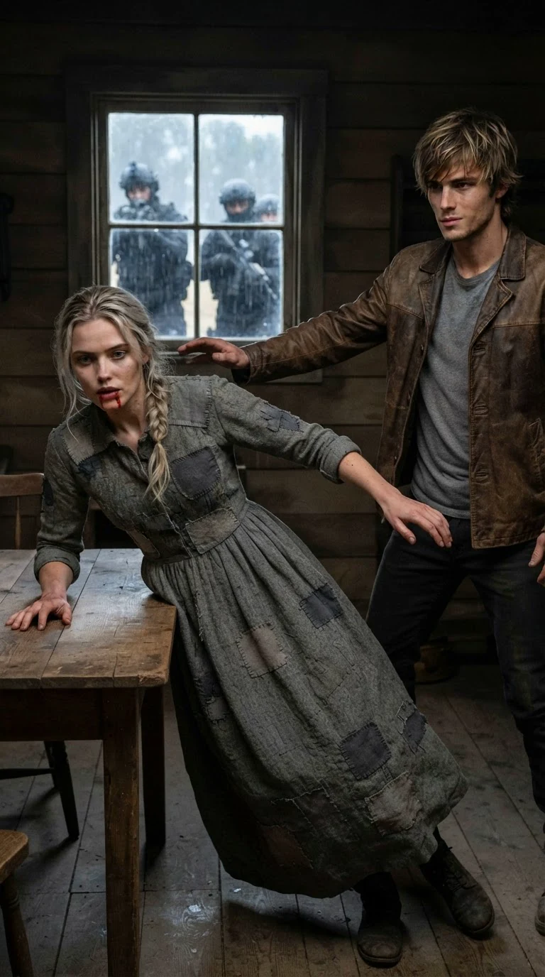 The young woman stumbles into a table corner as heavy boots sound outside the door.