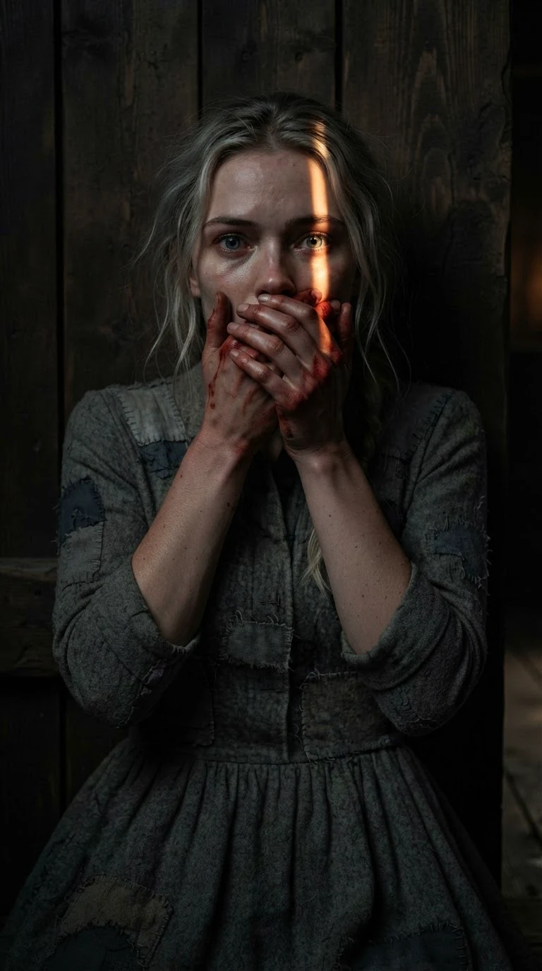 The young woman presses herself to the back-room door with her hand over her mouth.