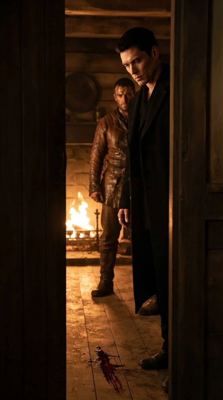 Seen through a door gap, a huge man in a black coat stands in the front room while his men wait behind him.