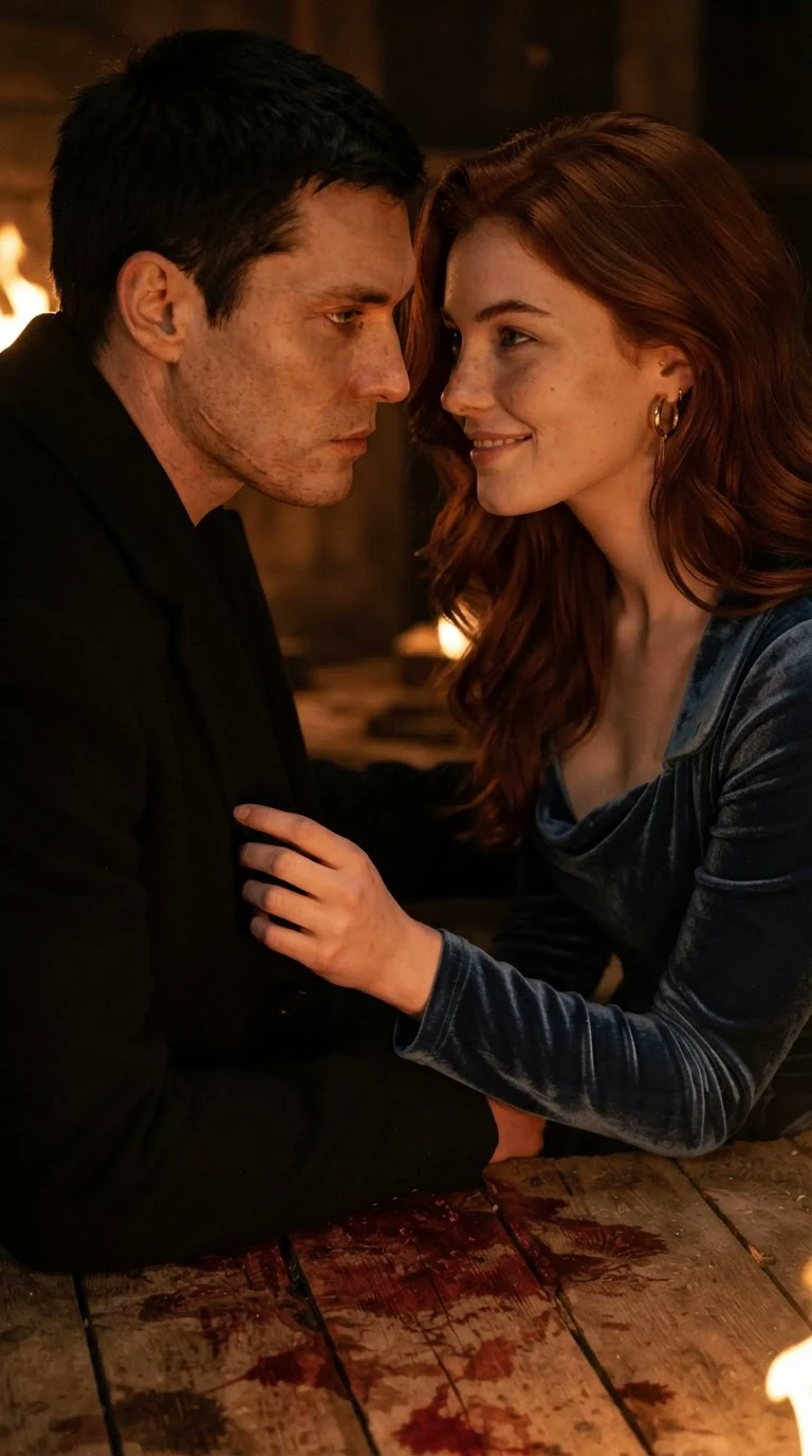 The auburn-haired woman smiles up at the tall Alpha, who is looking past her at the floor.