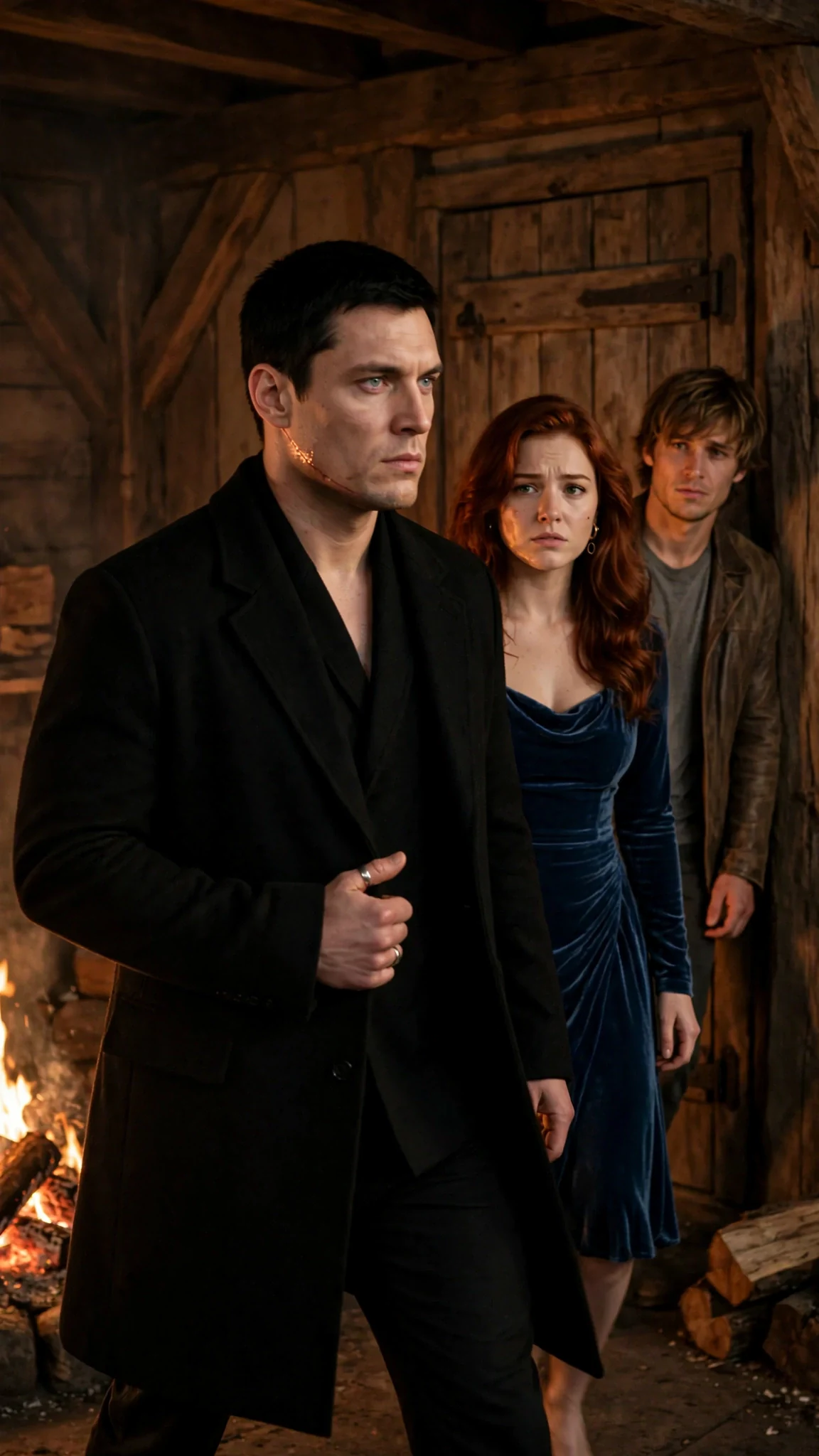 The Alpha in the black coat walks toward a closed back door, his boots loud on the boards.