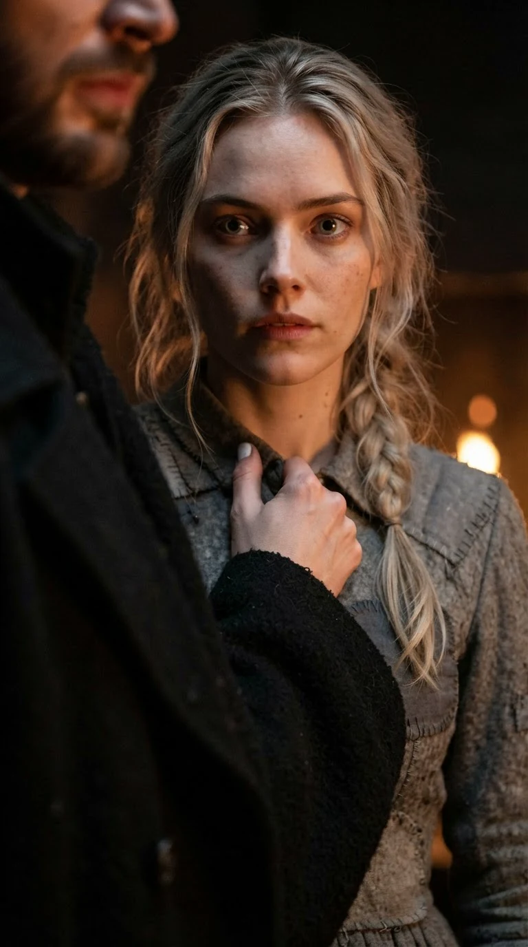 The young woman's hand clutches her own collar at the shoulder, her eyes wide with dread.
