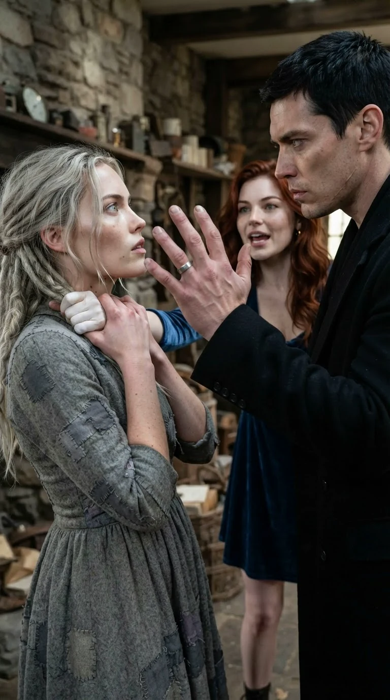 The young woman freezes with her chin raised as the Alpha's hand lifts toward her collar.