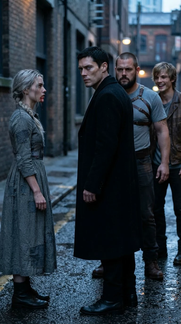 The Alpha watches the young woman while giving a flat order to his Beta behind him.
