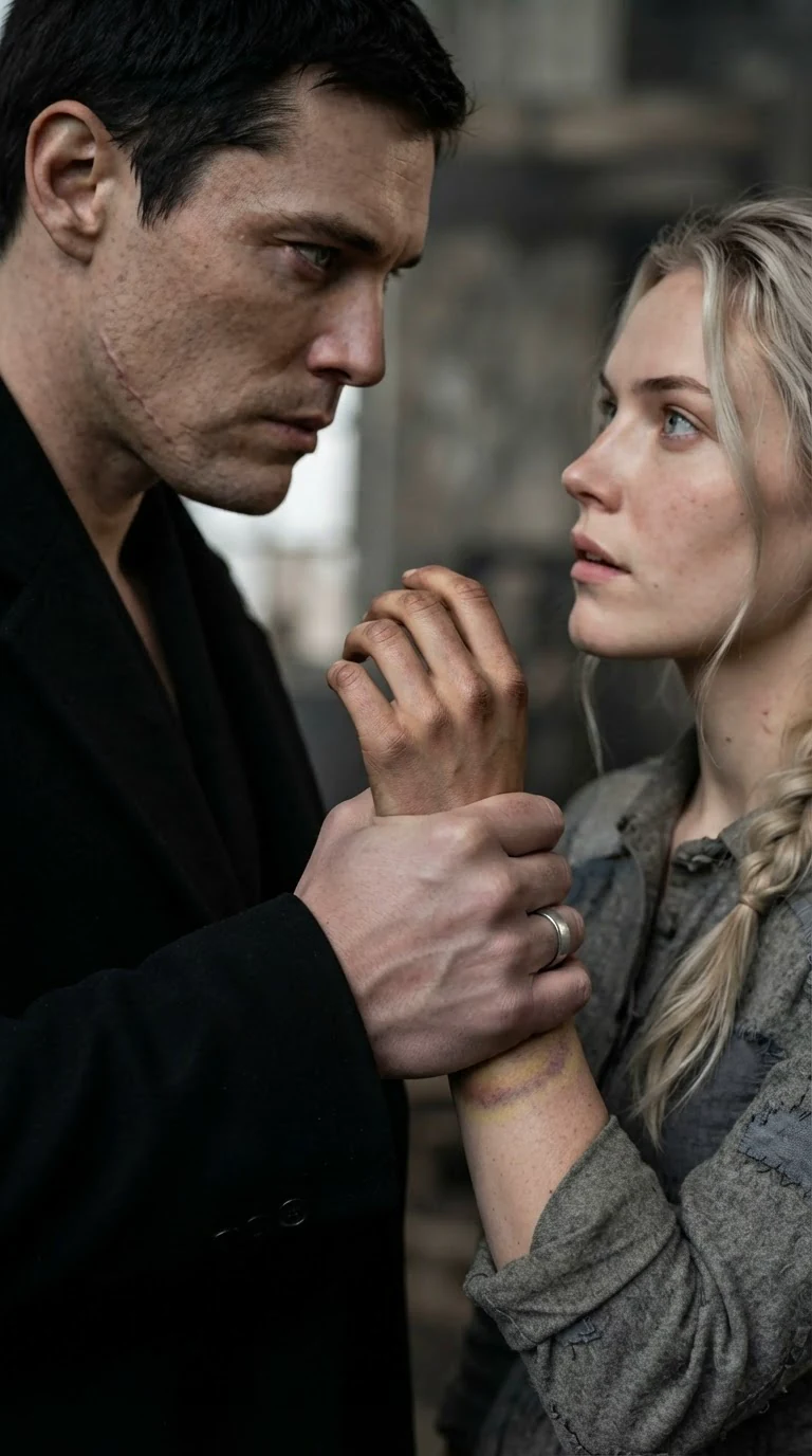 The Alpha takes the young woman's hand and his thumb pauses on the purple bruise around her wrist.