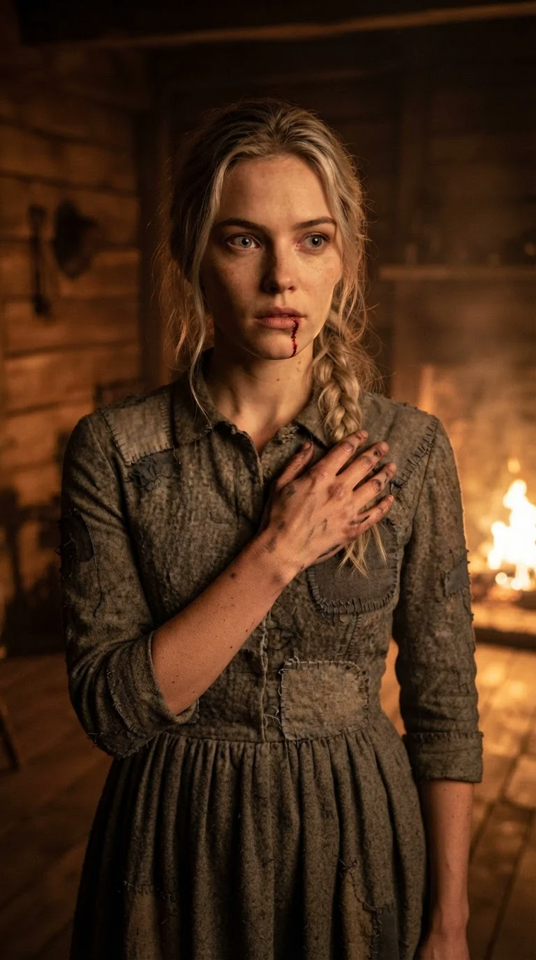 The young woman stands alone in the firelit room, her hand pressed over her shoulder.