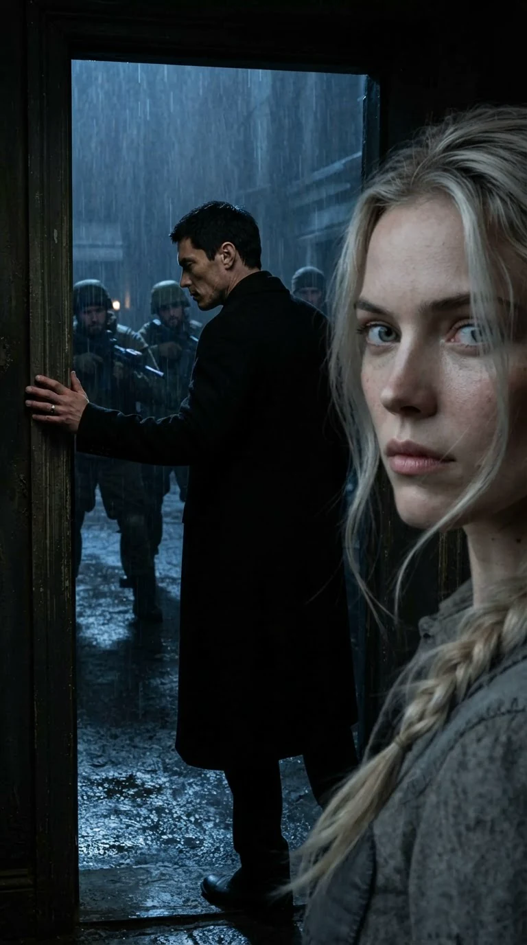 The Alpha walks out the door in his black coat while the young woman watches from behind.