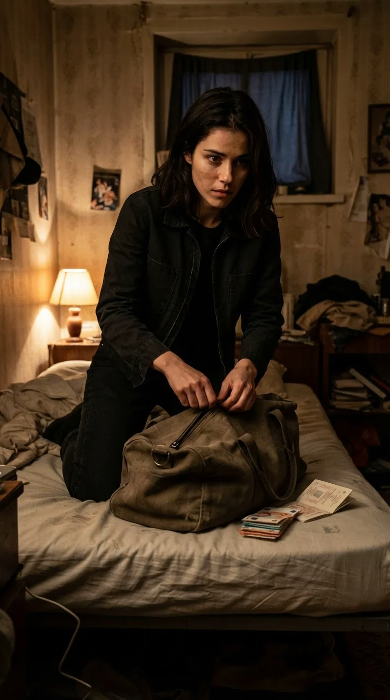 A young woman zips a duffel bag in a cramped room at night, cash on the bed beside her.