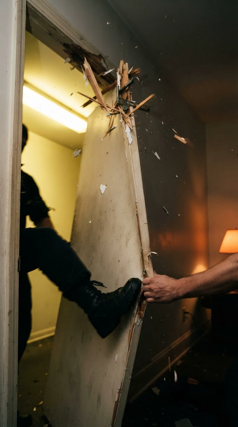 A cheap apartment door bursts inward, splinters flying, hallway light behind it.