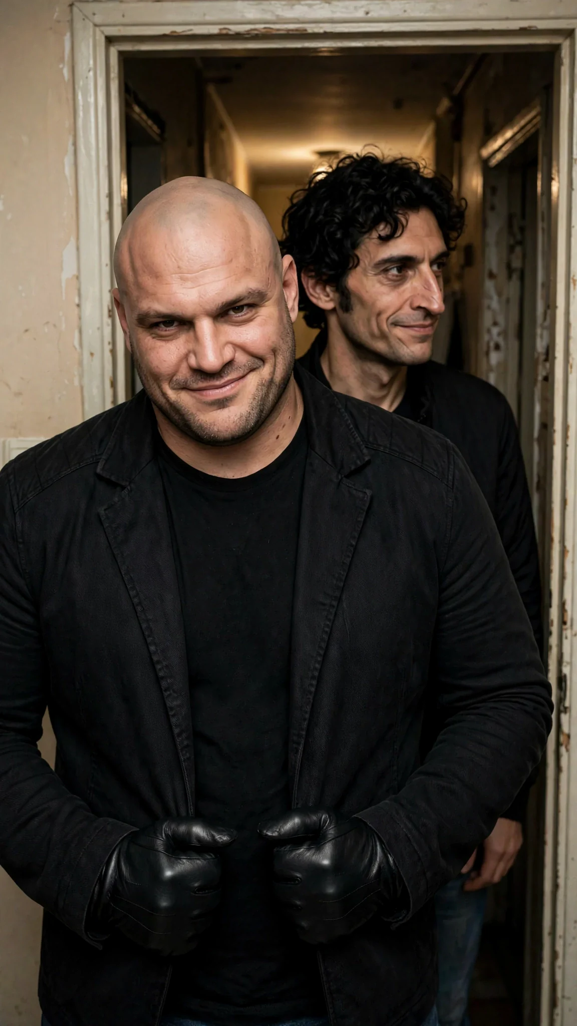 Two men in black jackets fill a doorway, one bald and broad, one wiry with a broken nose.