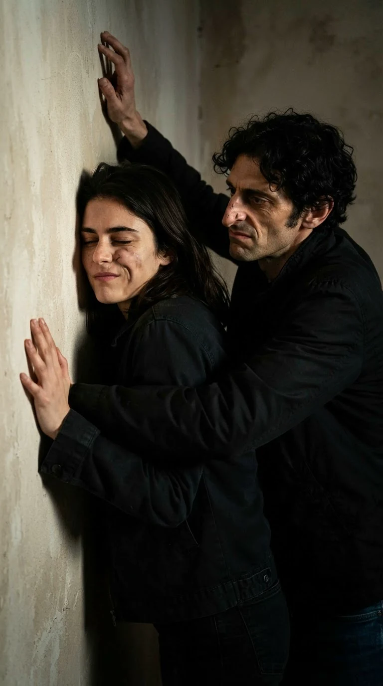 The wiry man twists her arm up her back and presses her cheek to the wall.