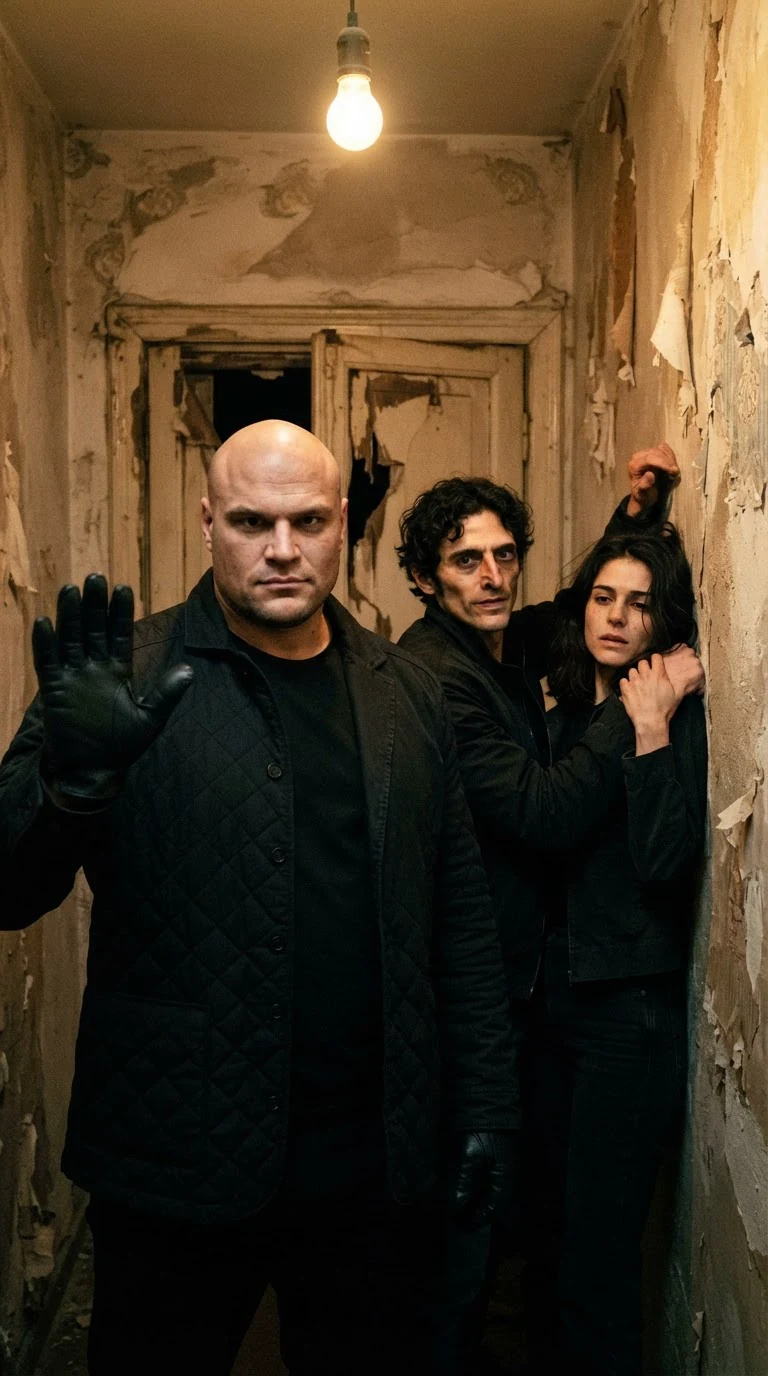 The bald man holds up a hand, stopping his partner, while the woman stays pinned to the wall.