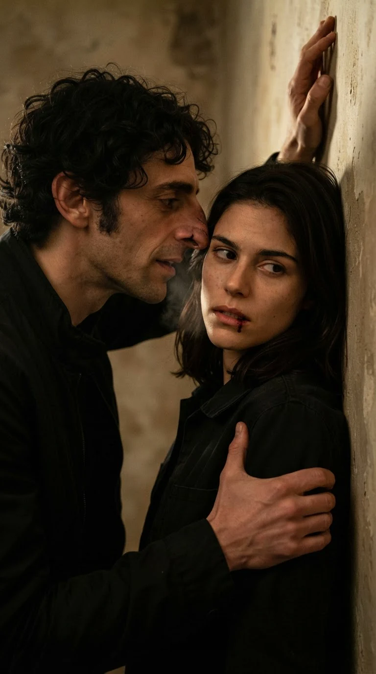 The wiry man leans close to her ear, mouth moving, her face rigid against the wall.