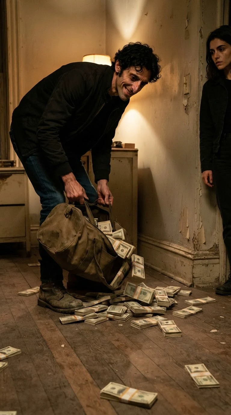 Cash spills across the floor as a man dumps out her duffel bag.