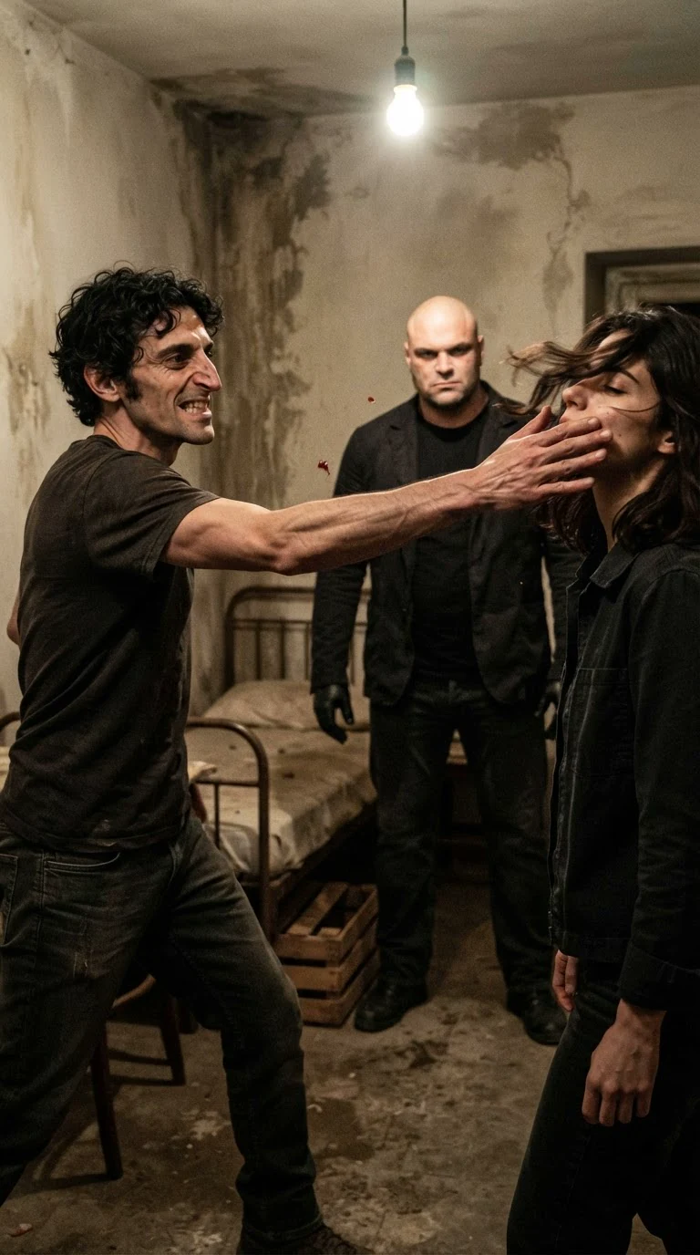 A man's open hand cracks across her face, blood flying.