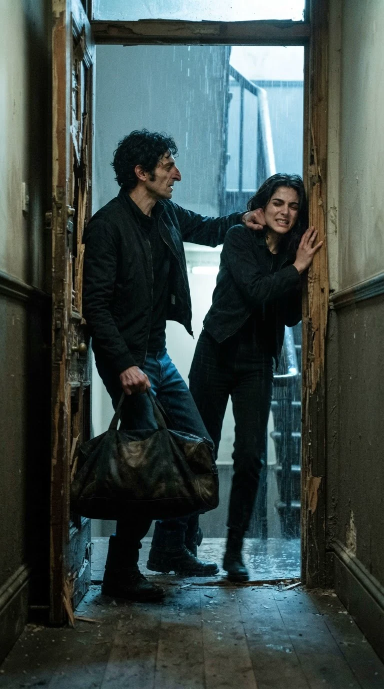 A man grips her neck and shoves her through the doorway into the rain.