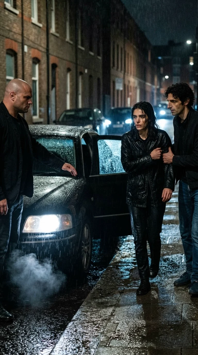 A black car waits at the curb in the rain, one man holding the rear door.