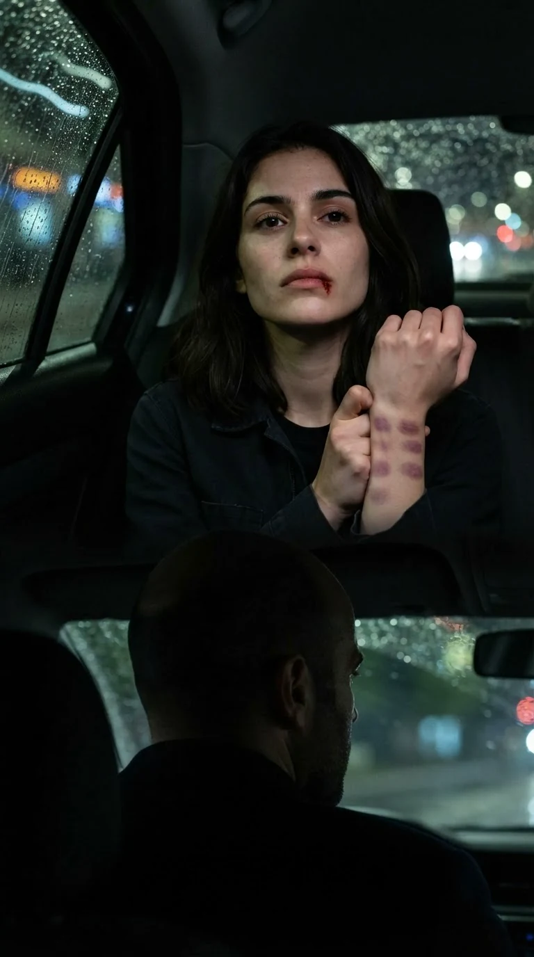She sits in the back seat holding her bruised wrist, city lights sliding past the window.