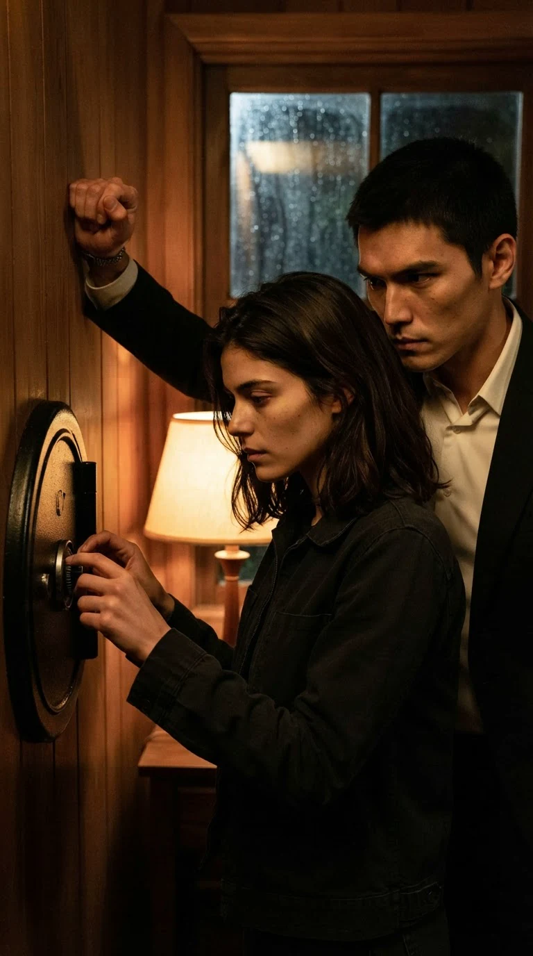 Saverin stands close behind Zara at the wall safe, his arm braced above her head.
