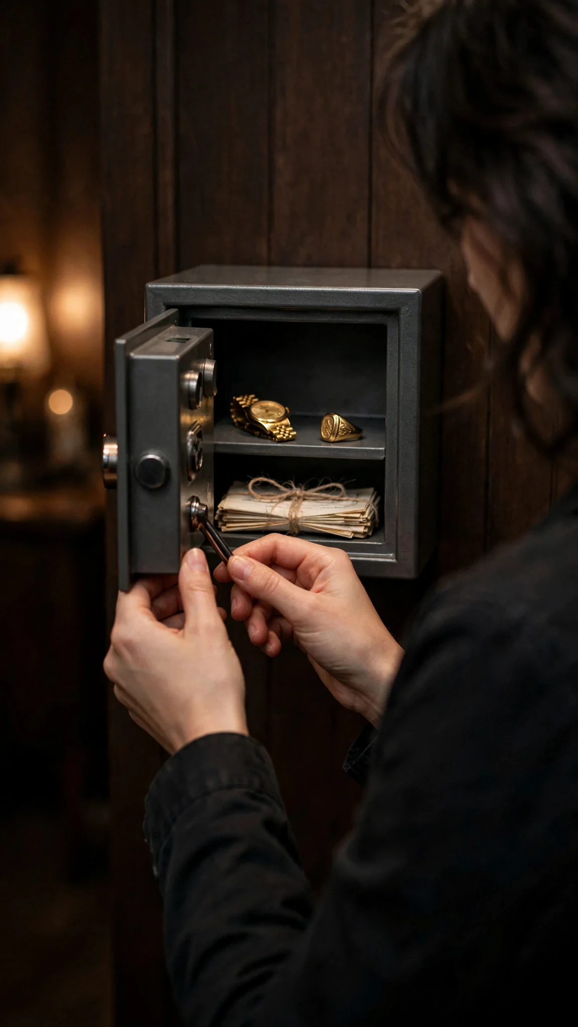 The safe door swings open on a watch, a ring and a bundle of papers.