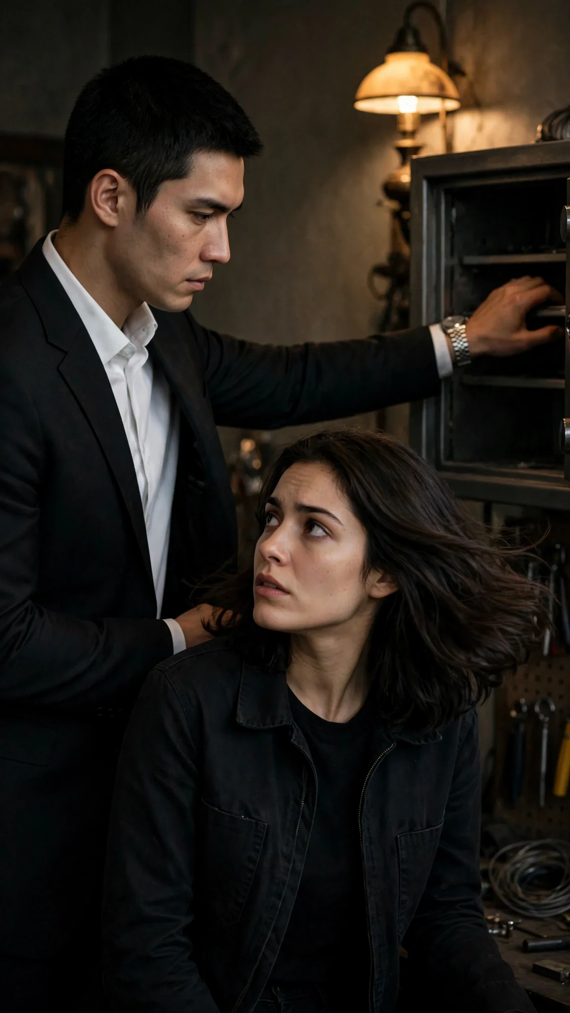 Saverin reaches past Zara as she turns, her hair swinging back from her face.