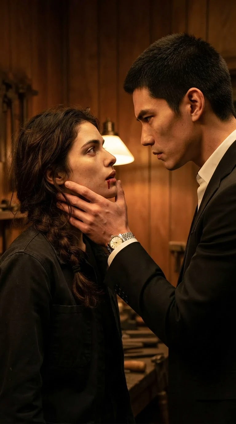 Saverin grips Zara's jaw, tilting her face up, a thin line of blood at her lip.