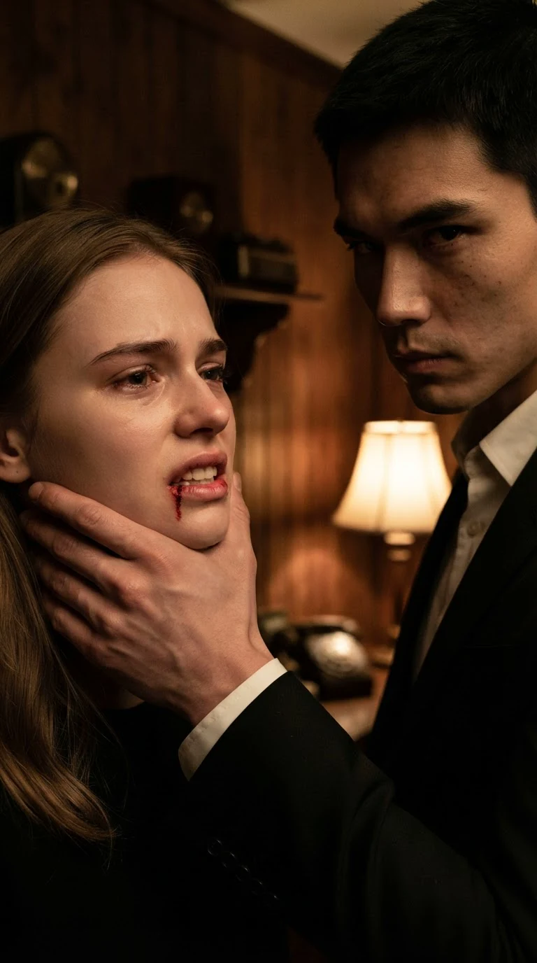 Saverin's hard grip on Zara's jaw, blood welling at her split lip.