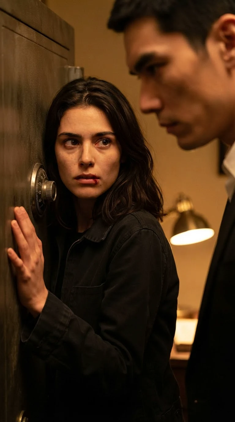 Zara pressed against the safe, the dial digging into her back, chin lifted.
