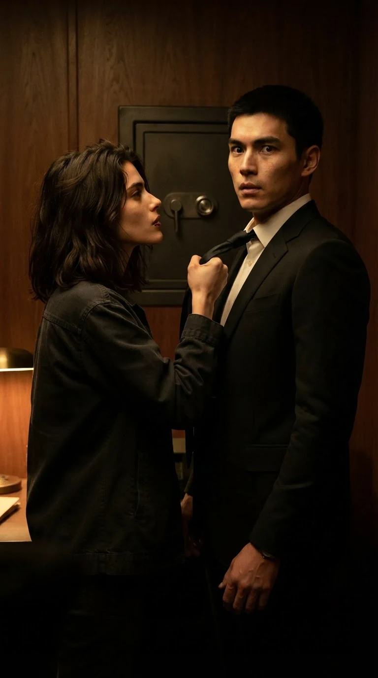 Zara grabs Saverin's tie and pulls him in, her face set.